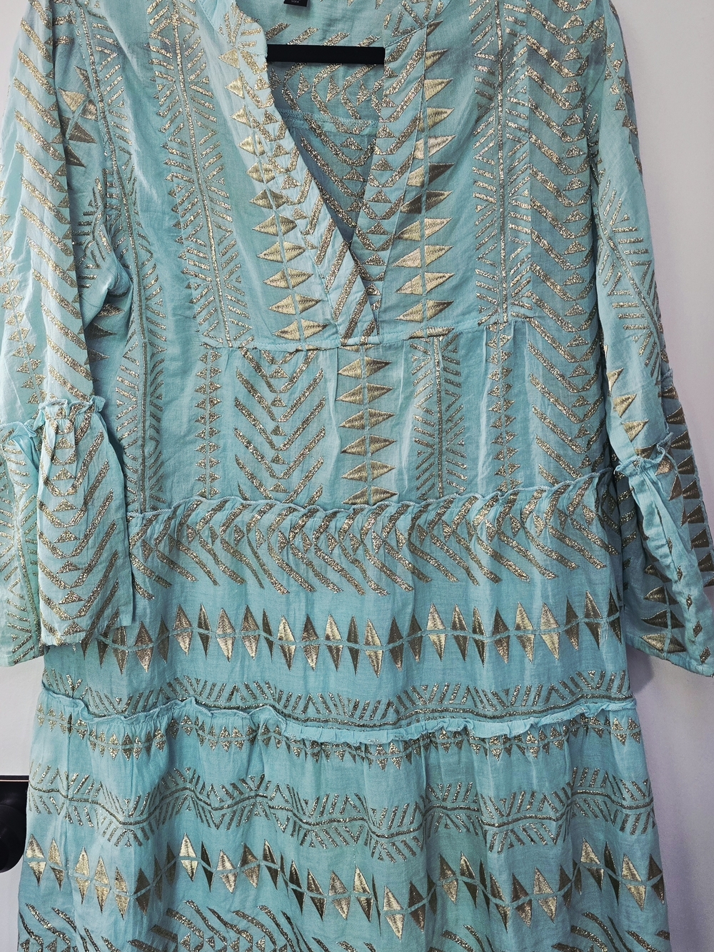 Boston Proper Turquoise Long Sleeve V Neck Minidress W Gold Embroidery-Med - Picture 10 of 16
